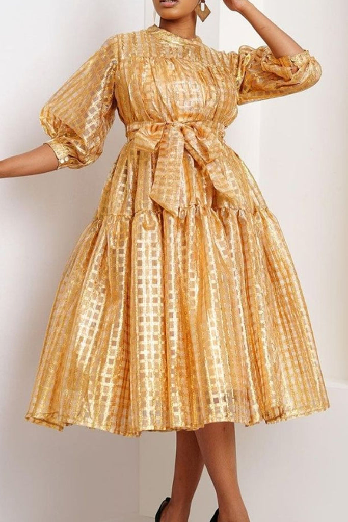 Elegant Solid Color Patchwork Strap Design O Neck A Line Dresses