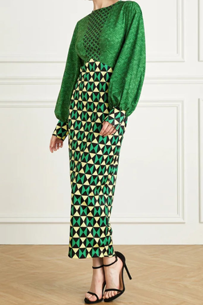 Elegant Print Patchwork O Neck Long Dresses