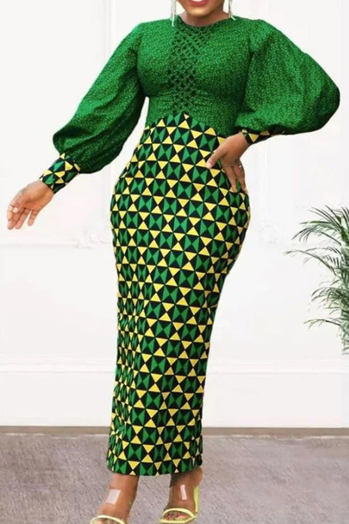 Elegant Print Patchwork O Neck Long Dresses