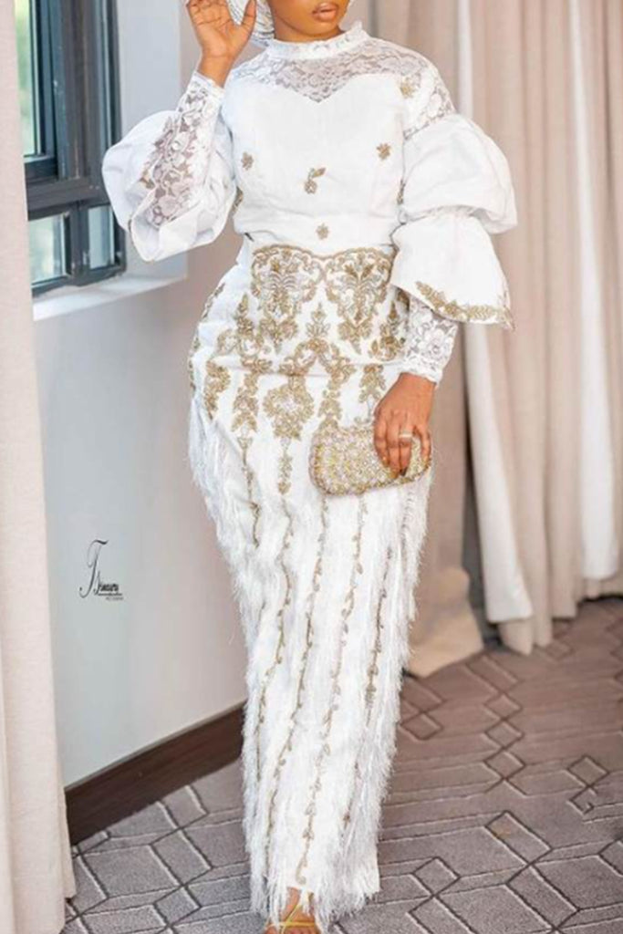 Elegant Lace Patchwork Mandarin Collar Long Sleeve Two Pieces