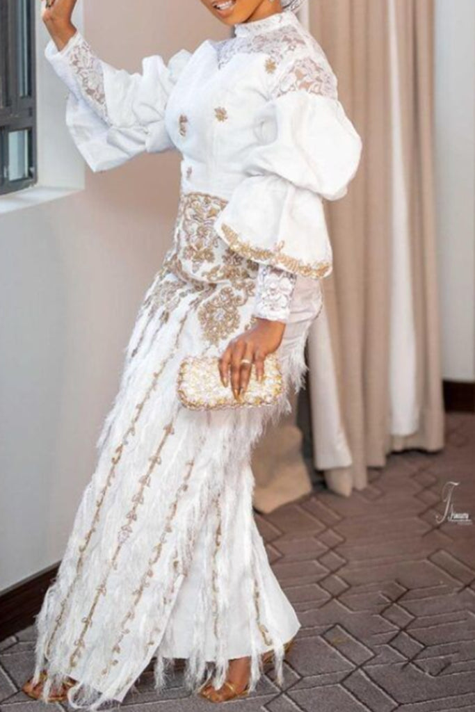 Elegant Lace Patchwork Mandarin Collar Long Sleeve Two Pieces