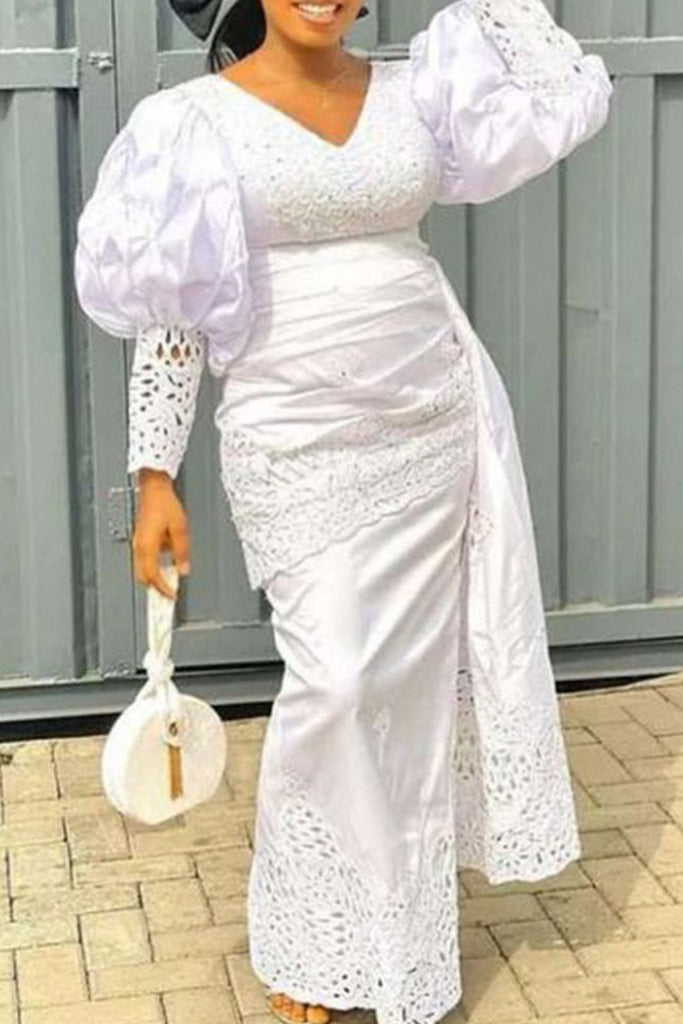 Elegant Solid Color Hollow Out Patchwork V Neck Long Dresses