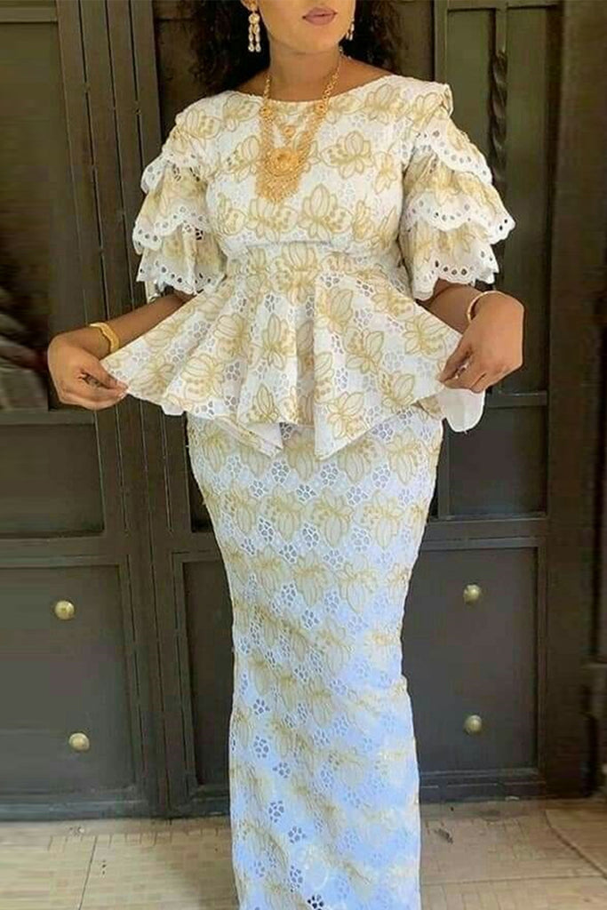 Elegant Embroidery Hollow Out Patchwork O Neck Half Sleeve Two Pieces
