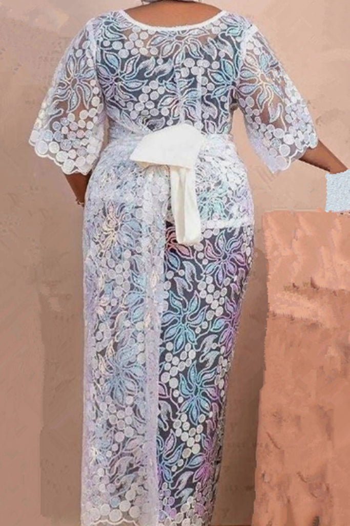 Elegant Embroidery Flowers Lace Patchwork Mesh O Neck Half Sleeve Three Pieces