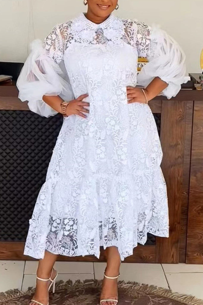 Elegant Solid Color Lace Patchwork Mesh Turndown Collar Long Dresses