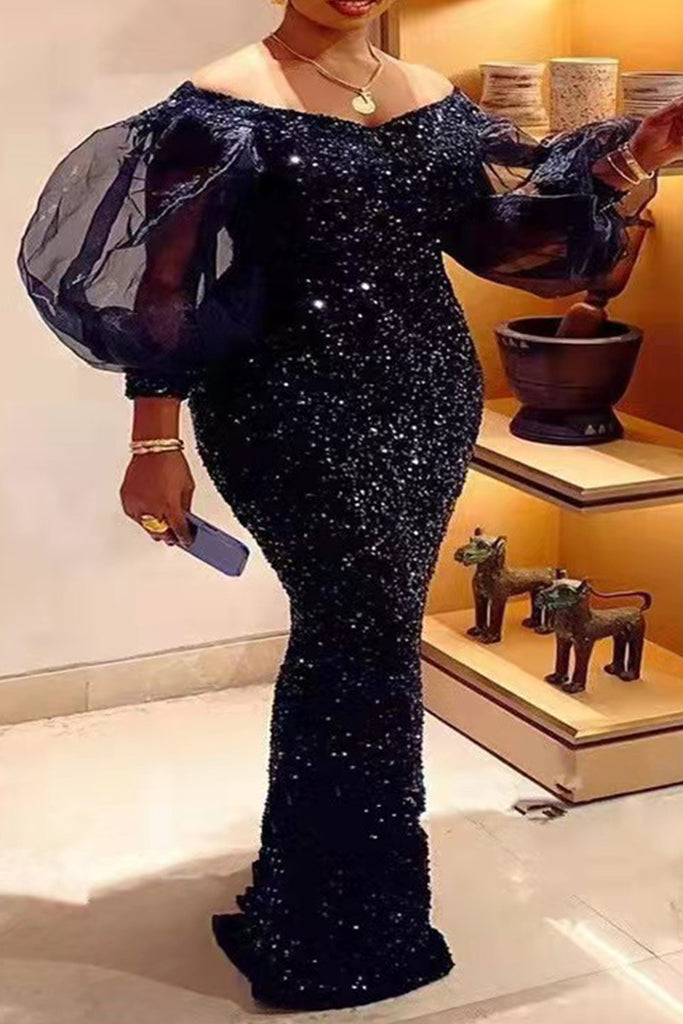 Elegant Solid Color Sequins Patchwork Mesh Off Shoulder Dresses