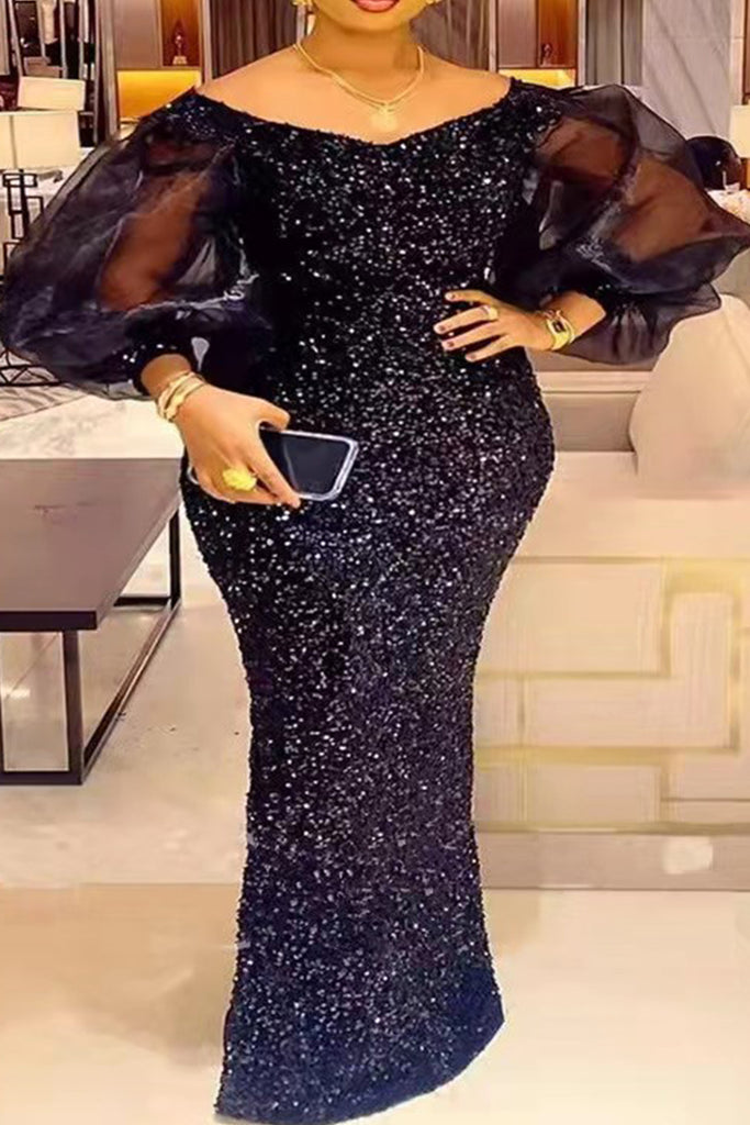 Elegant Solid Color Sequins Patchwork Mesh Off Shoulder Dresses