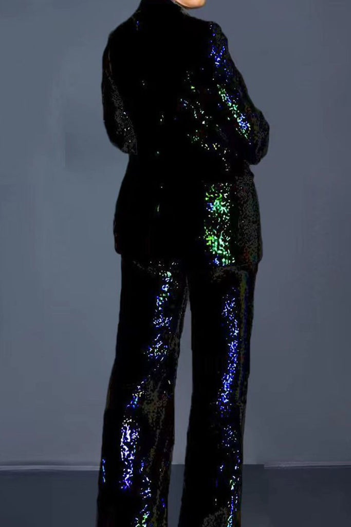 Casual Solid Color Sequins Buttons Patchwork Turndown Collar Long Sleeve Two Pieces
