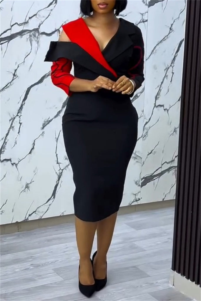 Sexy Casual Patchwork Hollow Out Zipper Contrast V Neck One Step Skirt Dresses