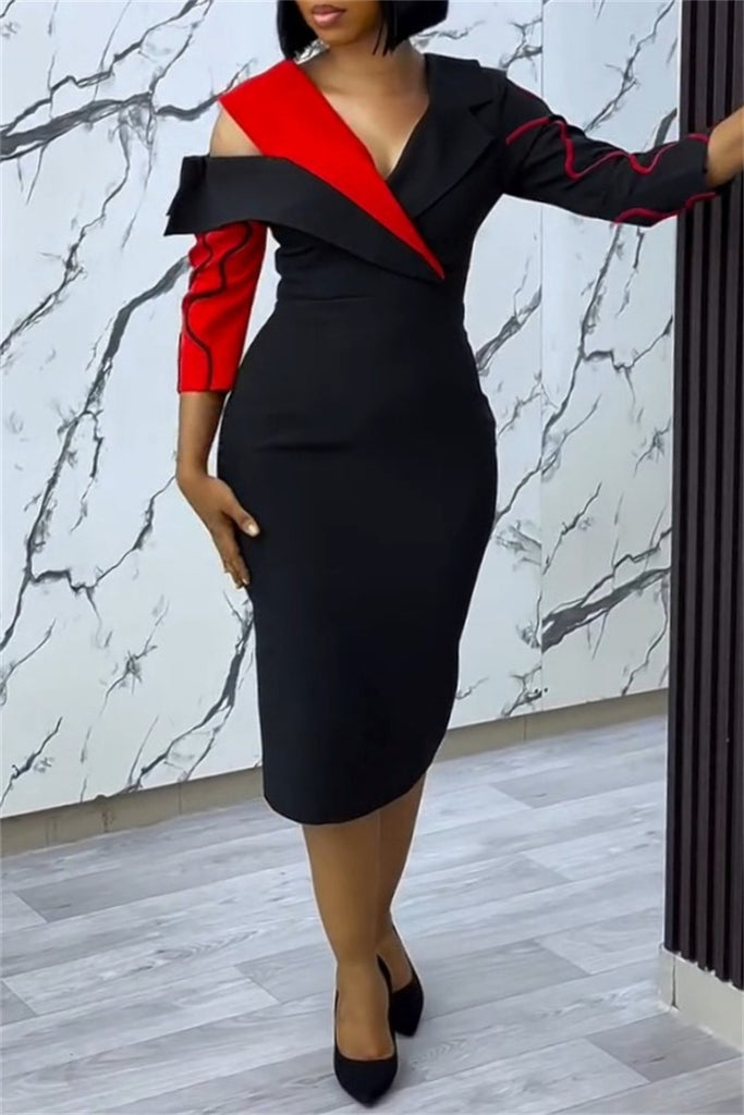Sexy Casual Patchwork Hollow Out Zipper Contrast V Neck One Step Skirt Dresses