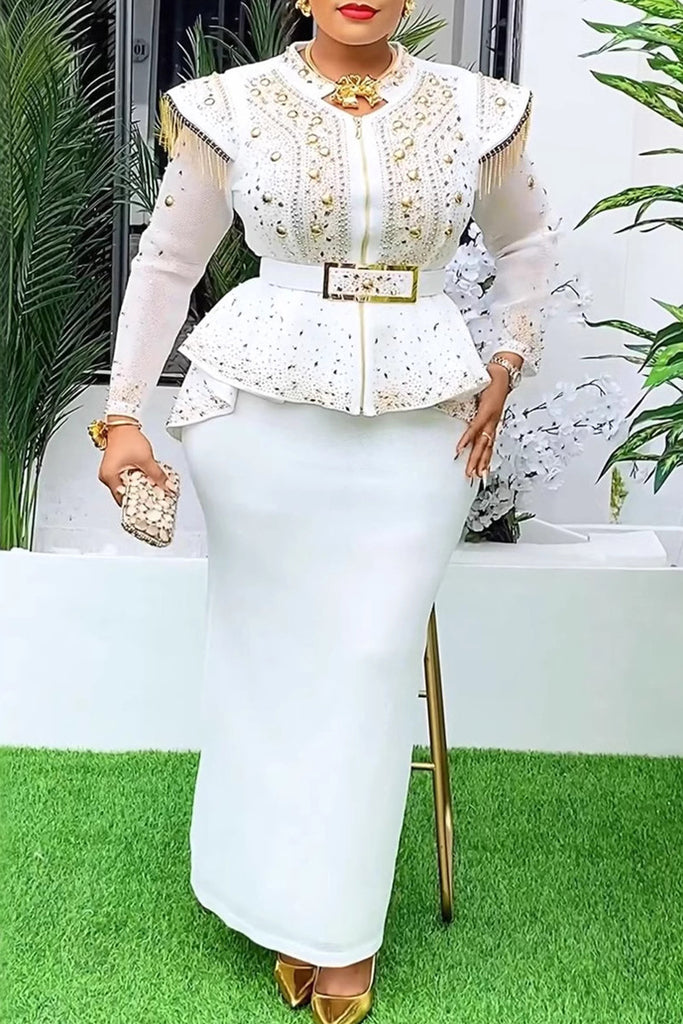 Elegant Solid Color Fringed Trim Patchwork With Belt Hot Drill O Neck Long Plus Size Two Pieces