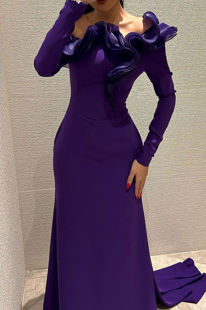 Elegant Solid Color Patchwork Backless Ruffled Trim Off Shoulder Evening Dresses