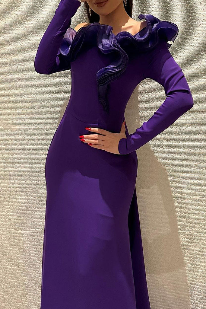 Elegant Solid Color Patchwork Backless Ruffled Trim Off Shoulder Evening Dresses