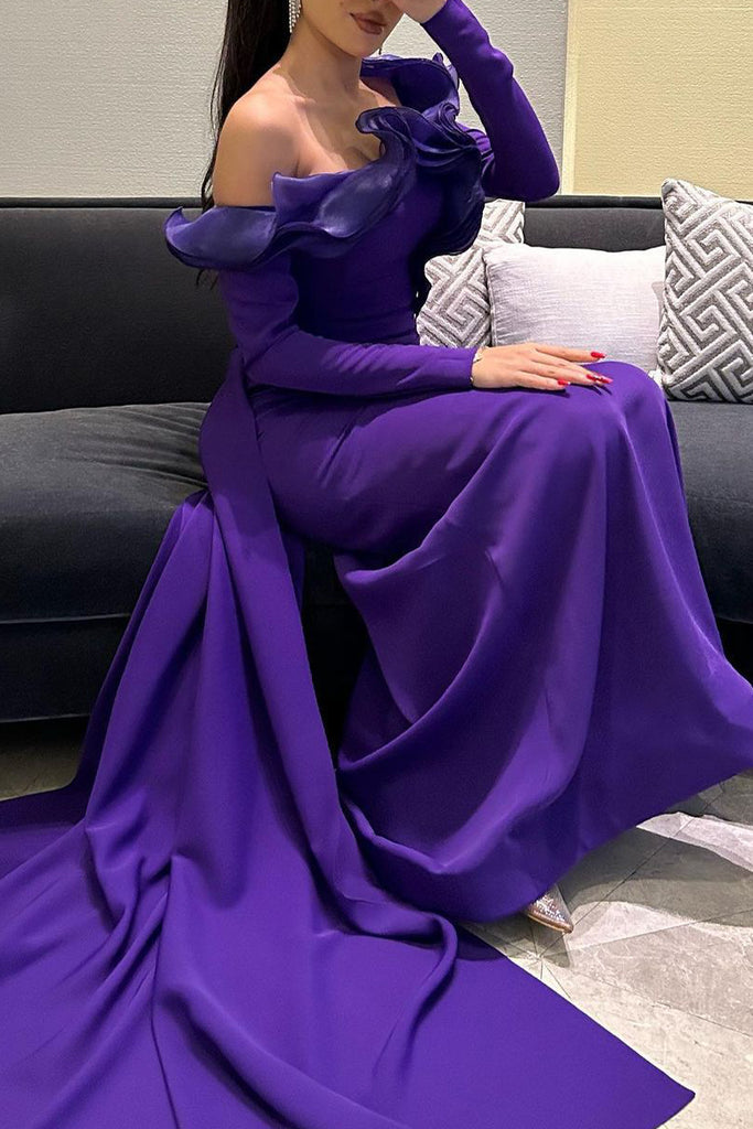 Elegant Solid Color Patchwork Backless Ruffled Trim Off Shoulder Evening Dresses