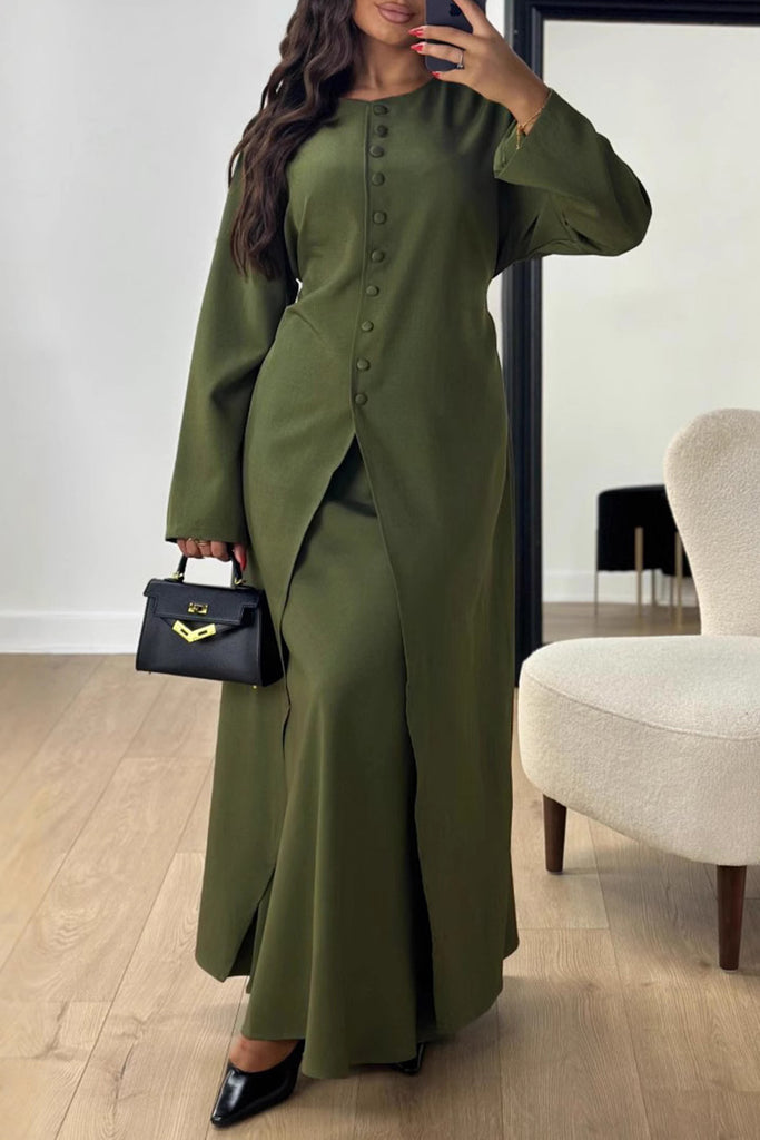 Casual Solid Color Buttons Patchwork High Slit O Neck Long Sleeve Two Pieces