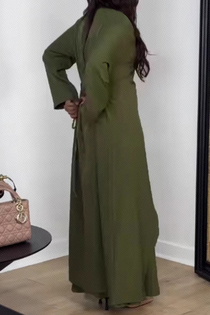 Casual Solid Color Buttons Patchwork High Slit O Neck Long Sleeve Two Pieces