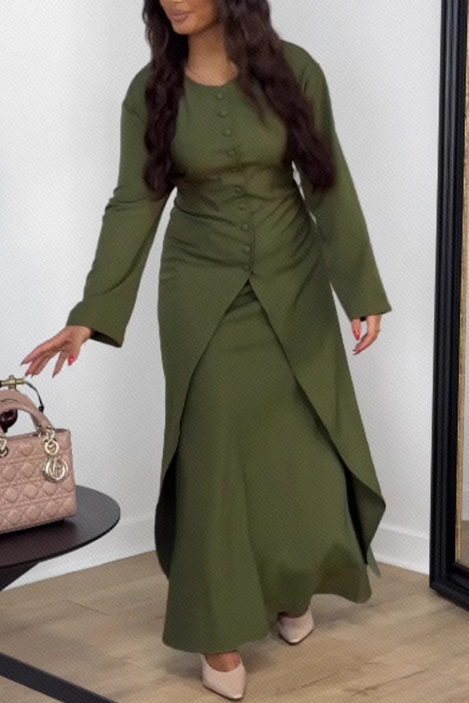 Casual Solid Color Buttons Patchwork High Slit O Neck Long Sleeve Two Pieces