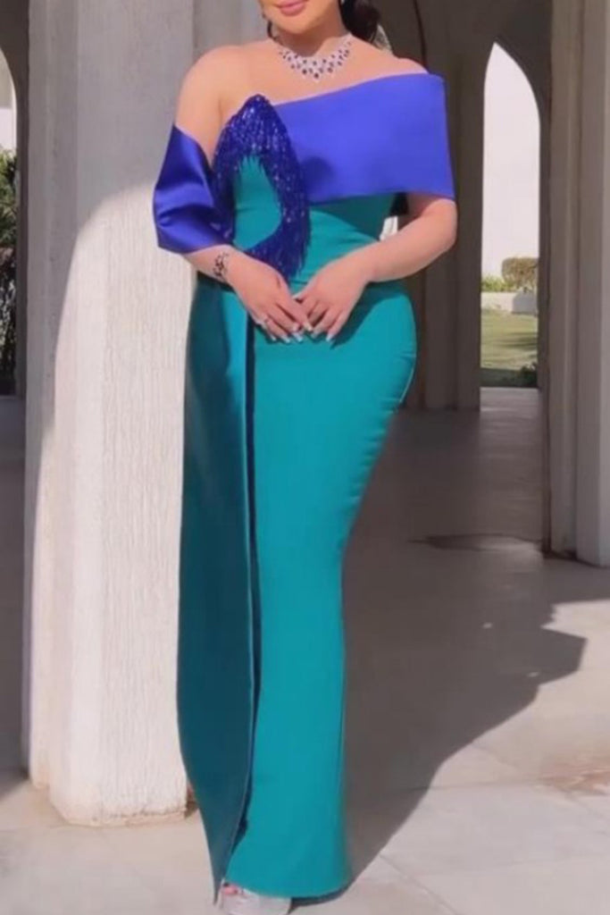 Elegant Fringed Trim Patchwork Slit Off Shoulder Evening Dresses