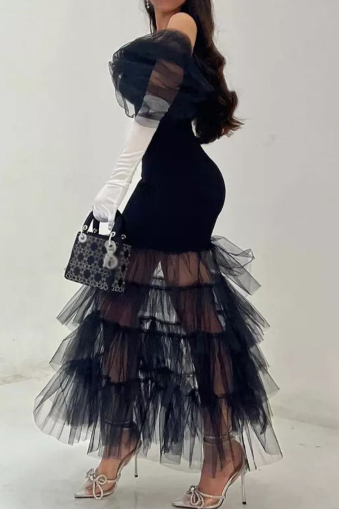 Elegant Solid Color Patchwork Mesh Off Shoulder Long Dresses