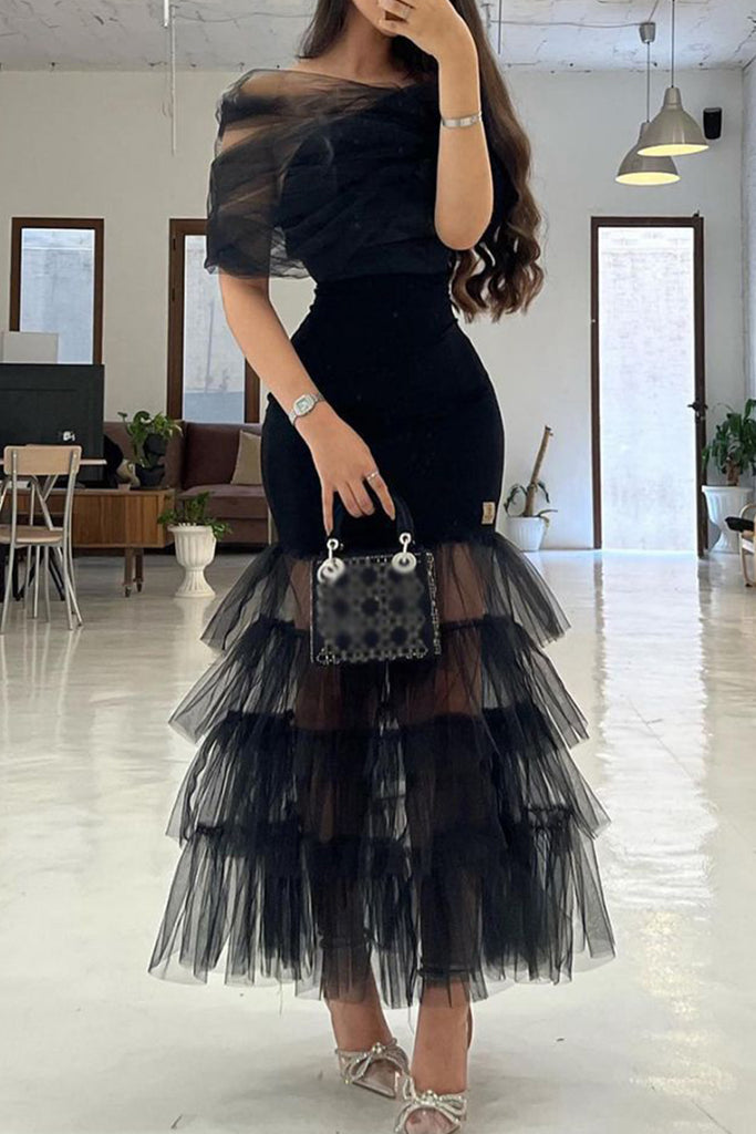 Elegant Solid Color Patchwork Mesh Off Shoulder Long Dresses