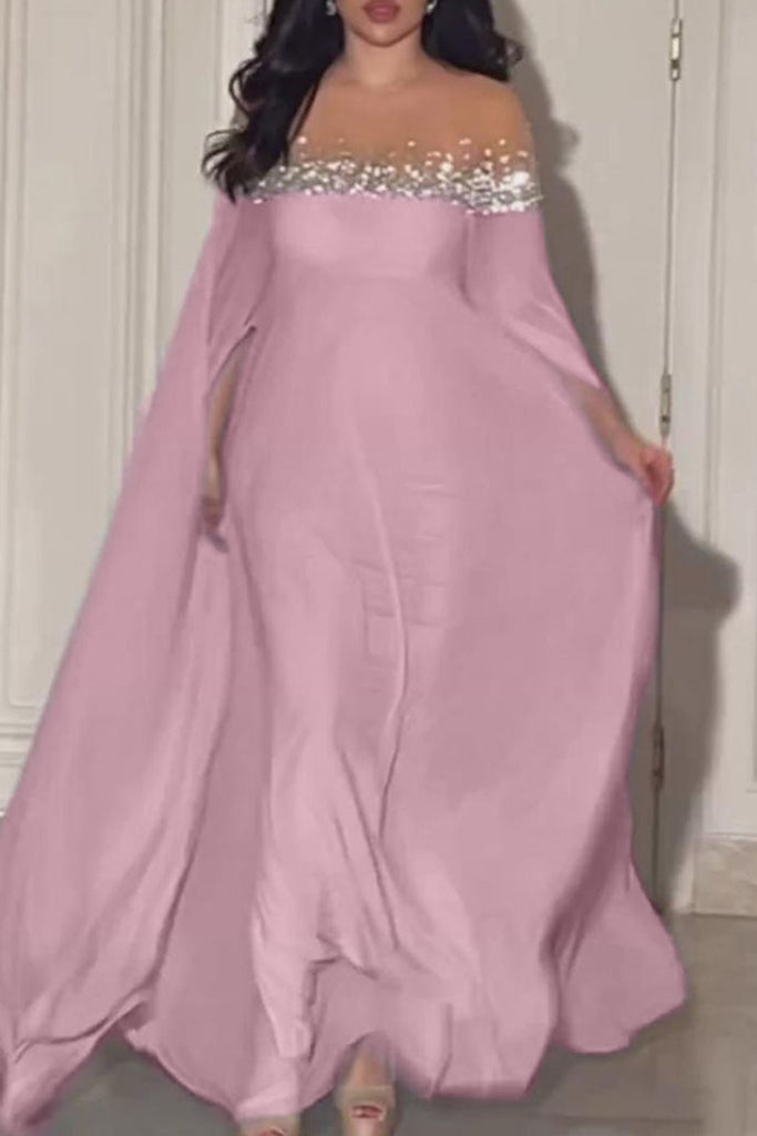 Elegant Solid Color Patchwork Hot Drill O Neck Evening Dresses