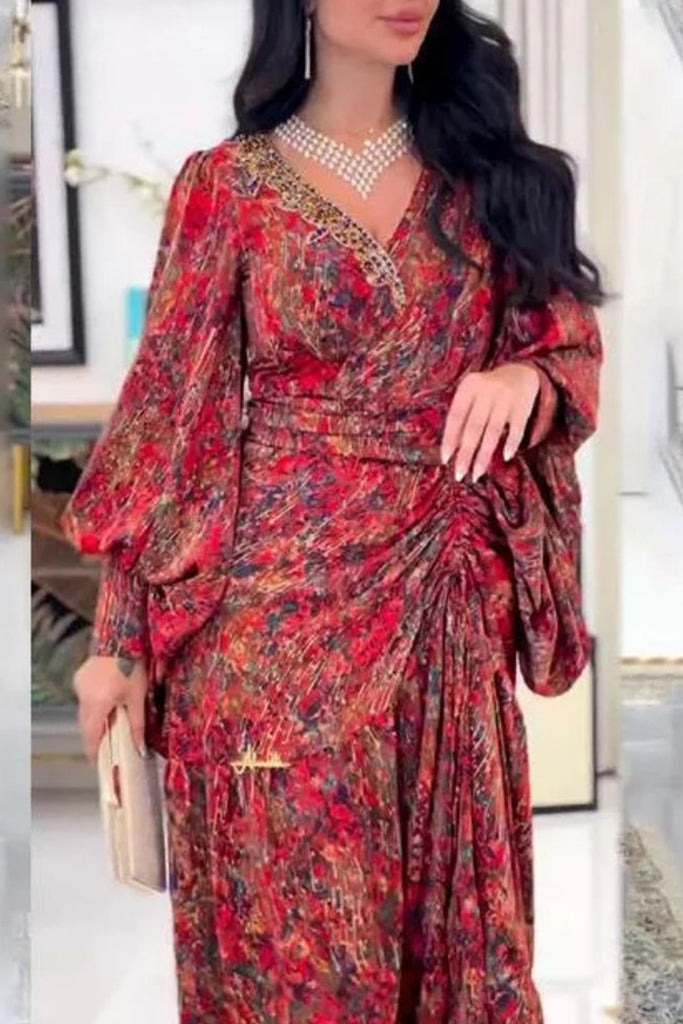 Elegant Print Patchwork Ruched V Neck Long Dresses