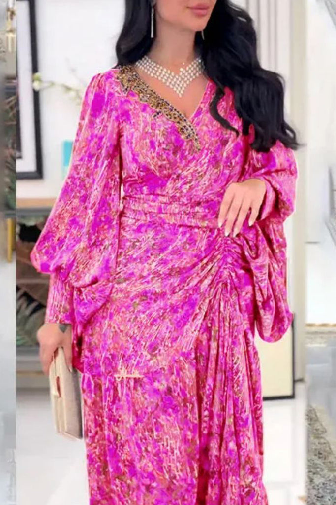 Elegant Print Patchwork Ruched V Neck Long Dresses