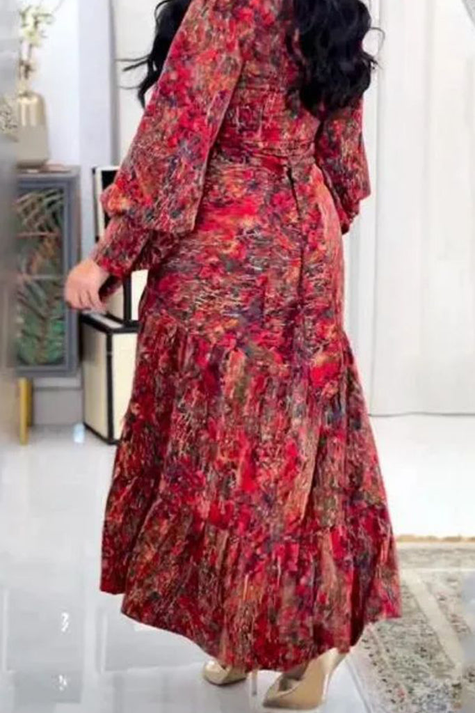 Elegant Print Patchwork Ruched V Neck Long Dresses
