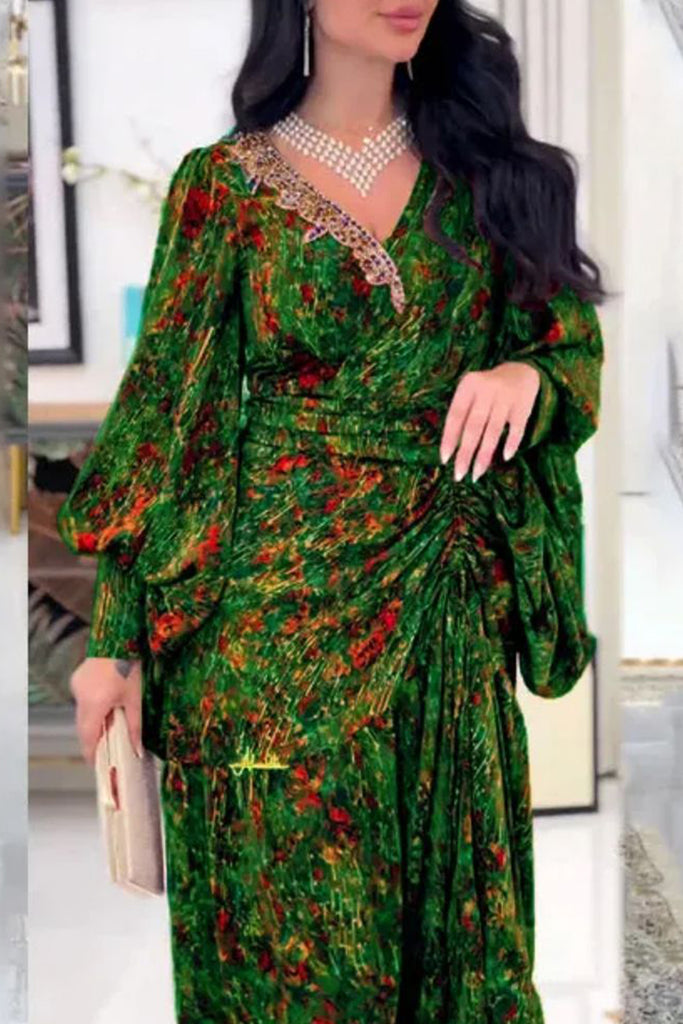 Elegant Print Patchwork Ruched V Neck Long Dresses