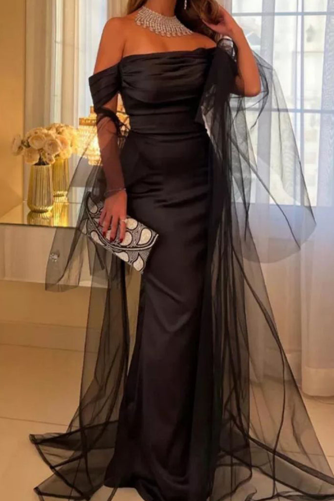 Elegant Solid Color Patchwork Backless Mesh Off Shoulder Long Dresses