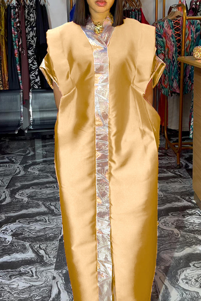 Elegant Print Pocket Patchwork V Neck Long Dresses