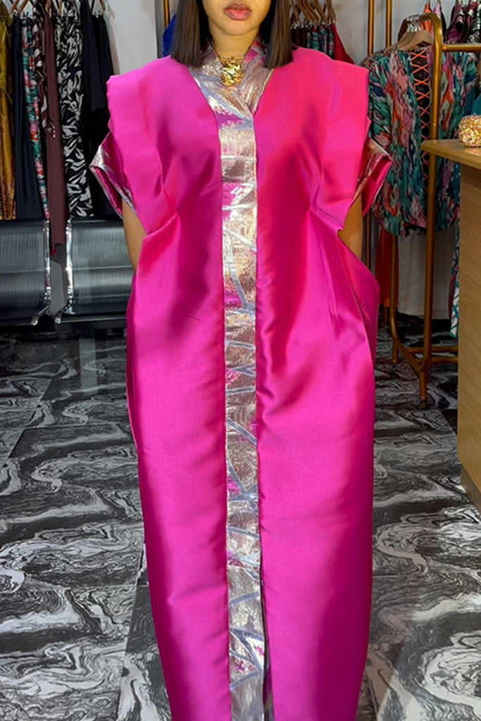 Elegant Print Pocket Patchwork V Neck Long Dresses