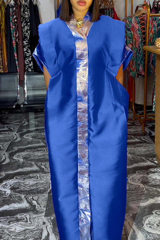 Elegant Print Pocket Patchwork V Neck Long Dresses
