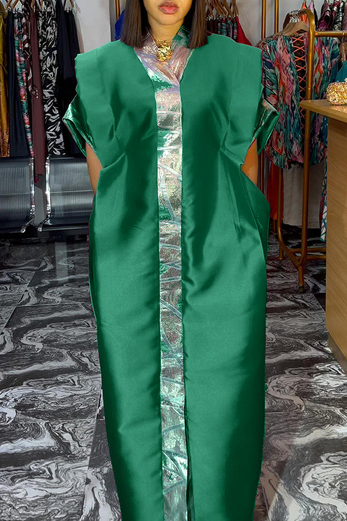 Elegant Print Pocket Patchwork V Neck Long Dresses