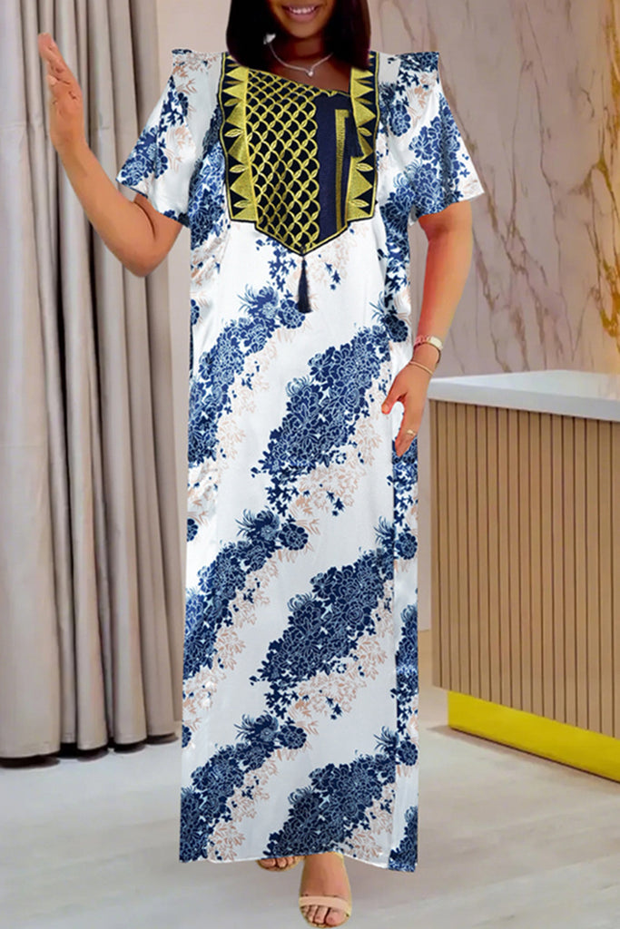 Elegant Print Fringed Trim Patchwork Embroidery Asymmetrical Collar Long Dresses