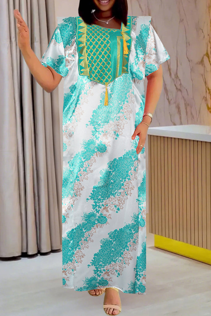 Elegant Print Fringed Trim Patchwork Embroidery Asymmetrical Collar Long Dresses