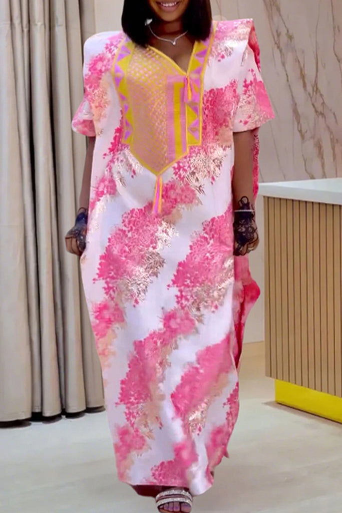 Elegant Print Fringed Trim Patchwork Embroidery Asymmetrical Collar Long Dresses