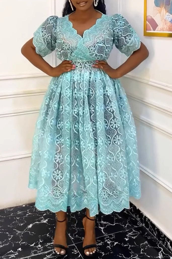 Elegant Lace Patchwork V Neck Long Plus Size Two Pieces