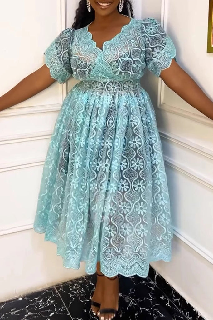 Elegant Lace Patchwork V Neck Long Plus Size Two Pieces