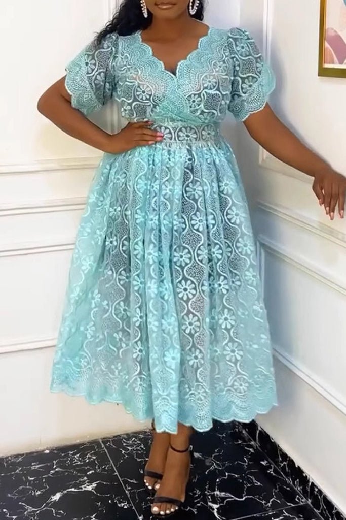 Elegant Lace Patchwork V Neck Long Plus Size Two Pieces