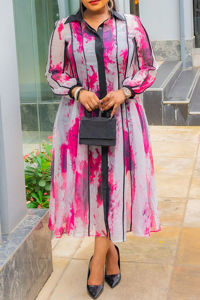 Elegant Print Buckle Patchwork With Belt Turndown Collar Long Dresses