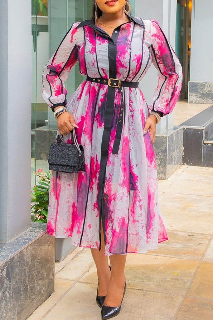 Elegant Print Buckle Patchwork With Belt Turndown Collar Long Dresses