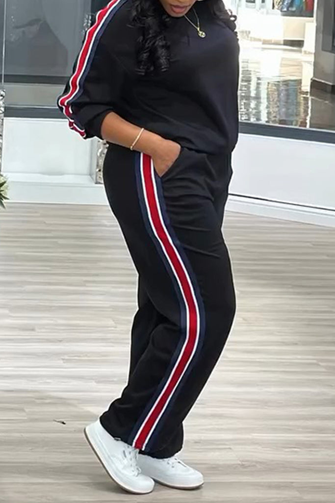 Casual Stripe Patchwork O Neck Long Sleeve Two Pieces
