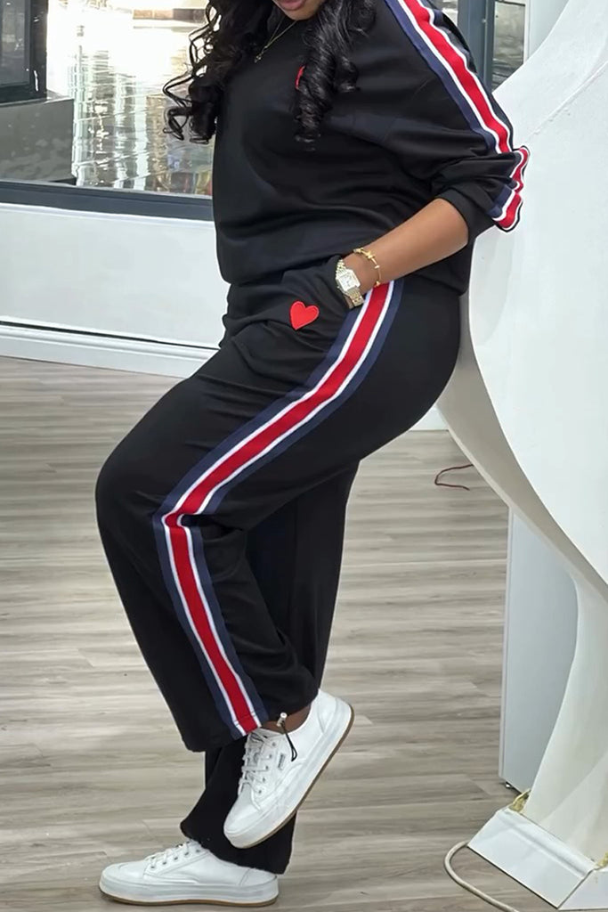 Casual Stripe Patchwork O Neck Long Sleeve Two Pieces