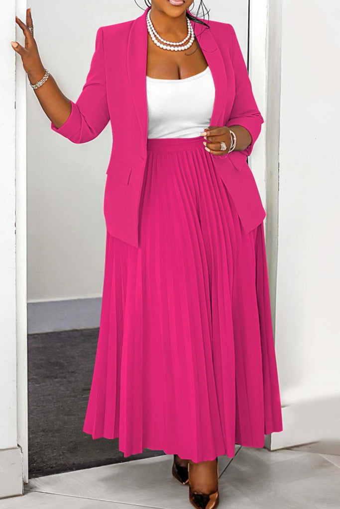 Casual Solid Color Ruched Turn-back Collar Pleated Plus Size Two Pieces