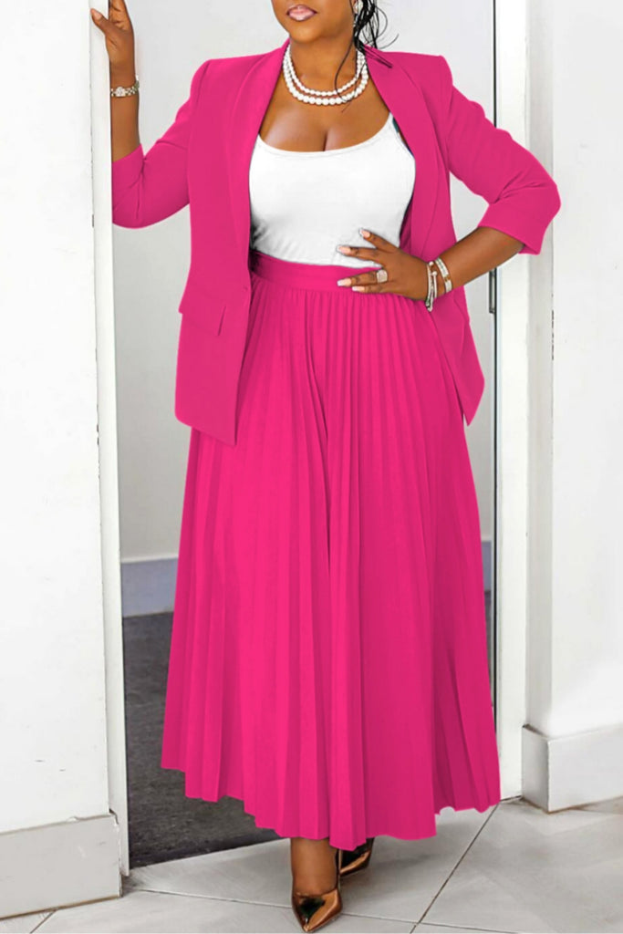 Casual Solid Color Ruched Turn-back Collar Pleated Plus Size Two Pieces
