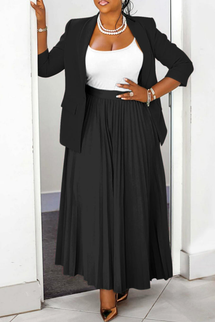 Casual Solid Color Ruched Turn-back Collar Pleated Plus Size Two Pieces