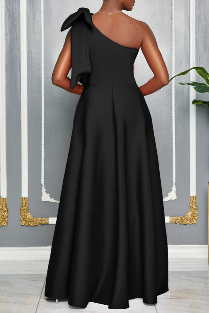Sexy Party Formal Solid Color Slit Oblique Collar Long Dresses