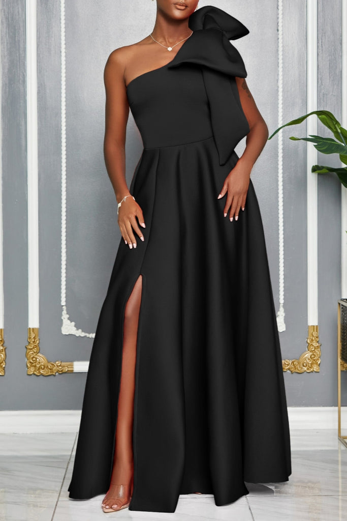 Sexy Party Formal Solid Color Slit Oblique Collar Long Dresses