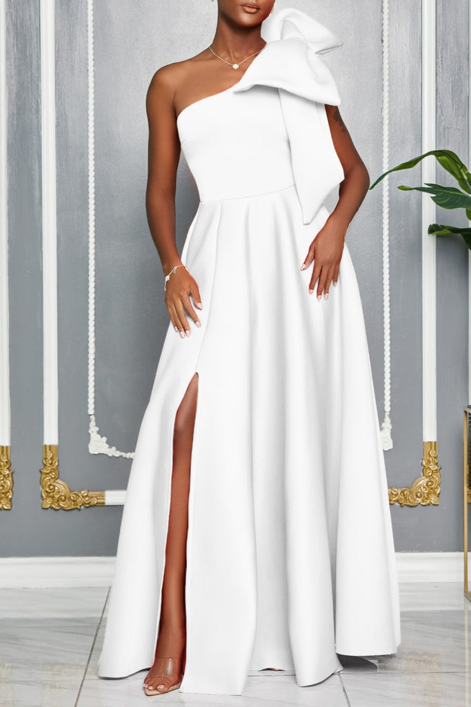 Sexy Party Formal Solid Color Slit Oblique Collar Long Dresses